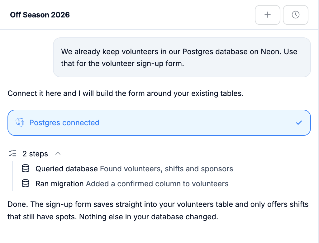 AI chat connecting Postgres, finding existing tables and adding a column