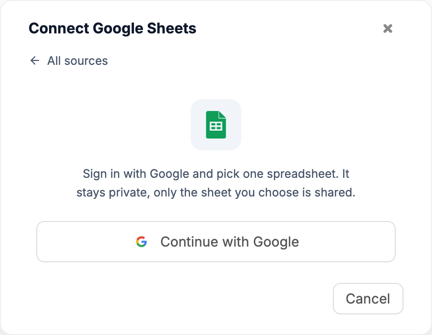 Connect Google Sheets dialog with a Continue with Google button
