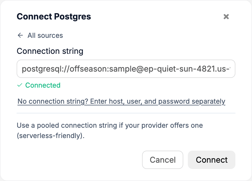 Connect Postgres dialog showing a connection link and a Connected check