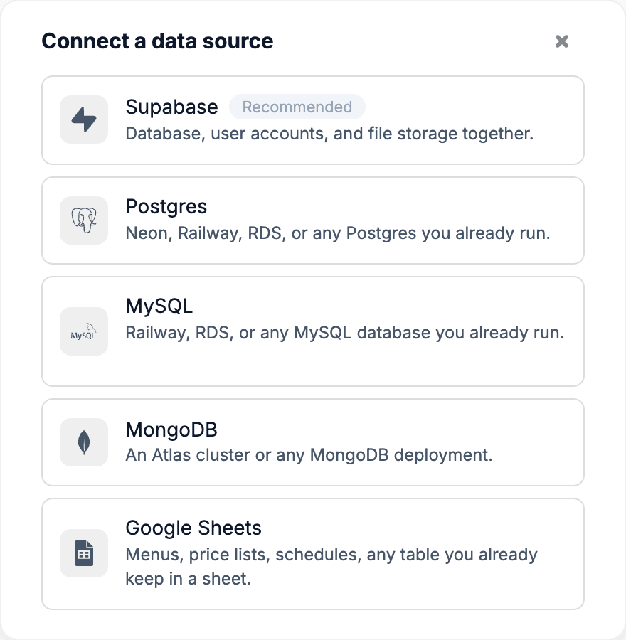 Connect a data source dialog listing Supabase, Postgres, MySQL, MongoDB and Google Sheets