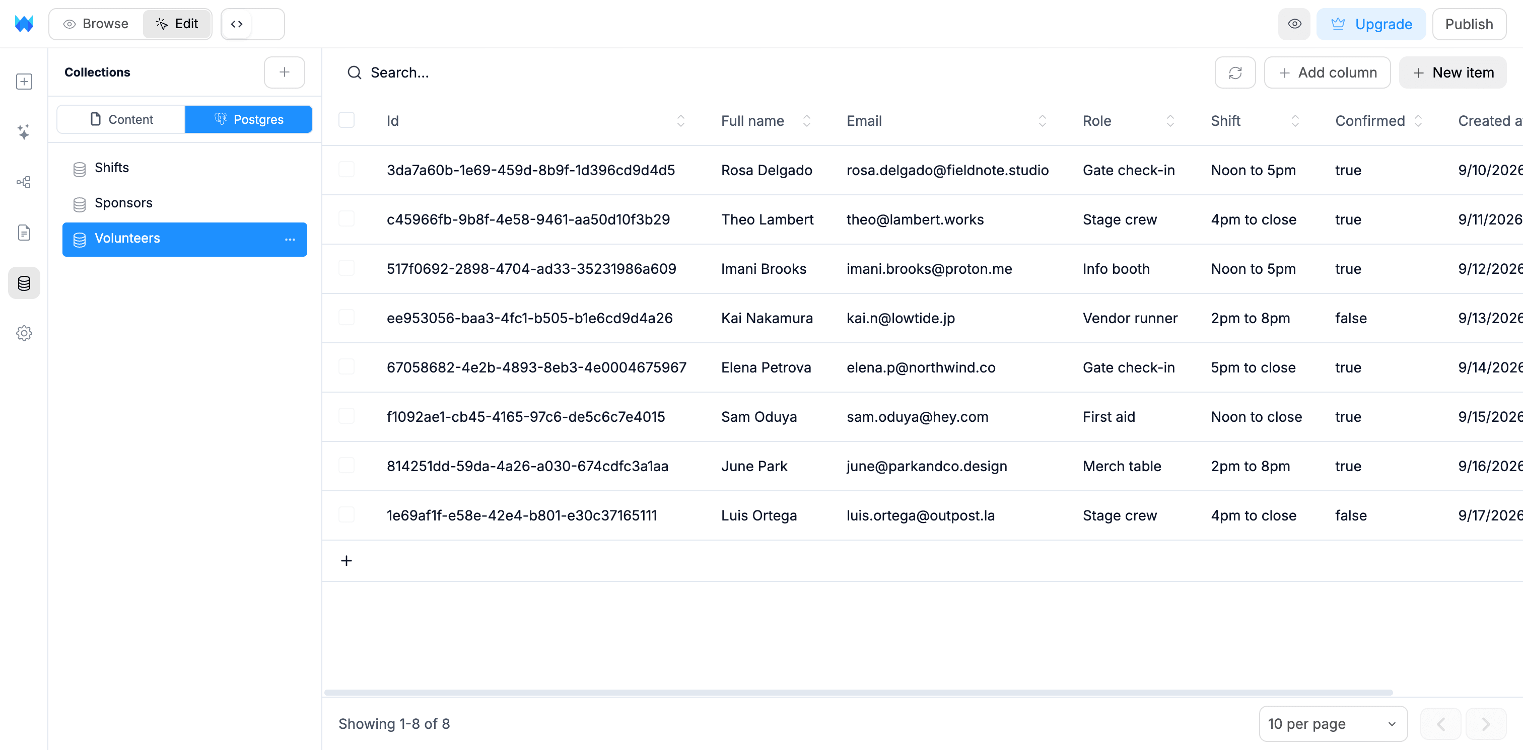 A Postgres volunteers table open in the WebTwizz Data panel