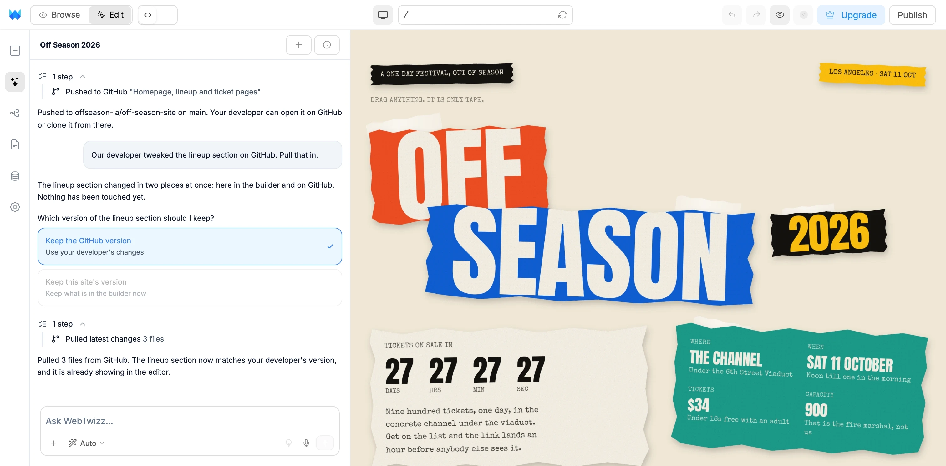 The WebTwizz builder: the AI pushed the site to GitHub, then asked which version to keep before pulling a developer's changes