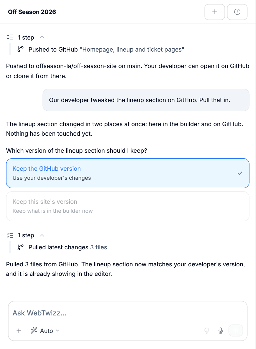 AI chat pushing to GitHub, asking which version to keep, then pulling 3 files