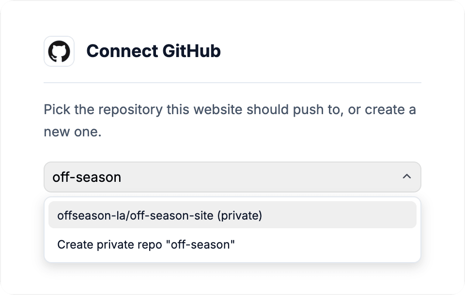 Connect GitHub dialog with repository search and a create private repository option