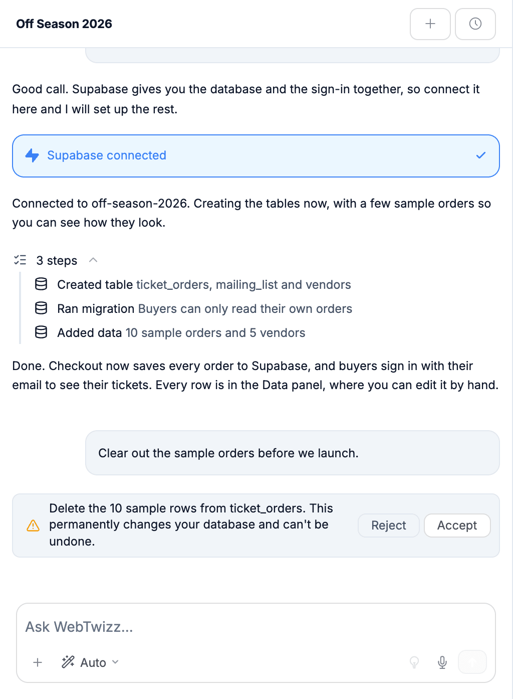 AI chat connecting Supabase, creating tables, adding access rules and sample data, then asking before deleting rows