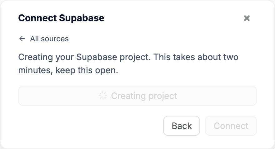 Creating a new Supabase project from inside WebTwizz