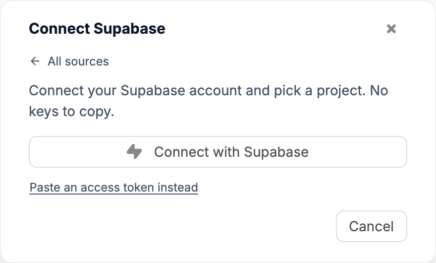 Connect Supabase dialog with a Connect with Supabase button