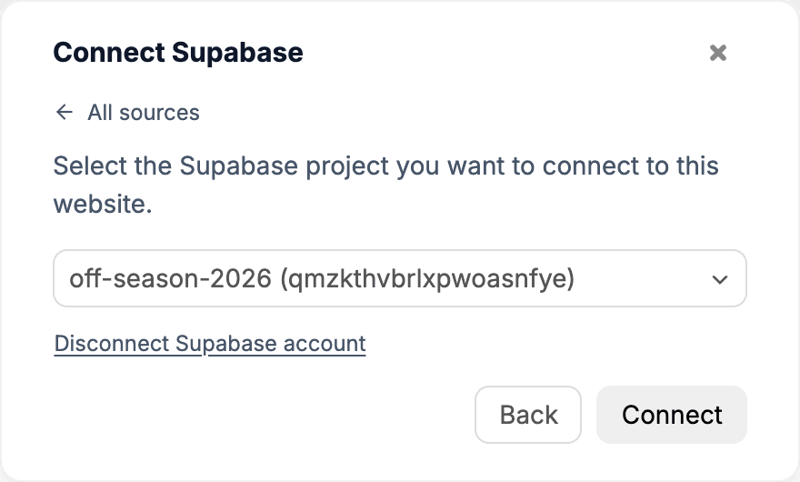 Choosing a Supabase project to connect