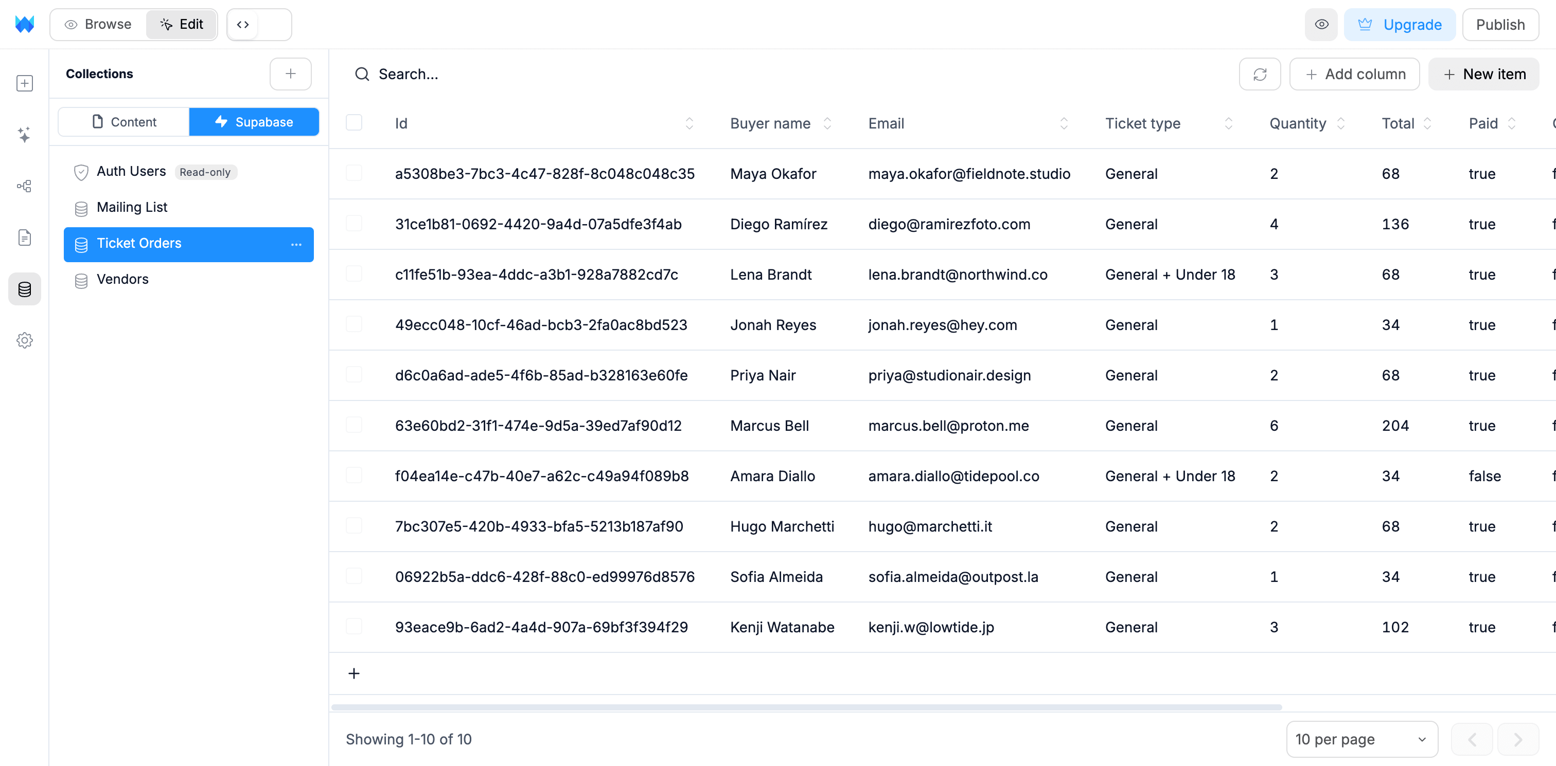 Supabase tables in the WebTwizz Data panel, showing ticket orders