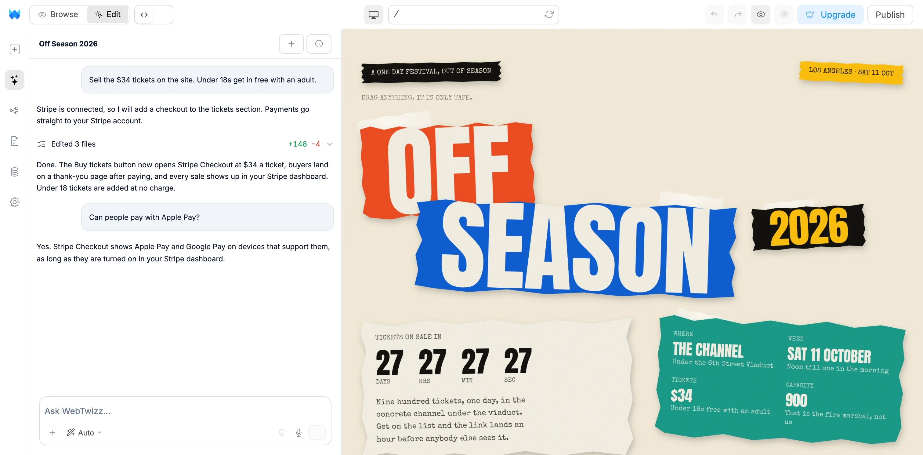 The WebTwizz builder: the AI adds a Stripe ticket checkout to a festival site
