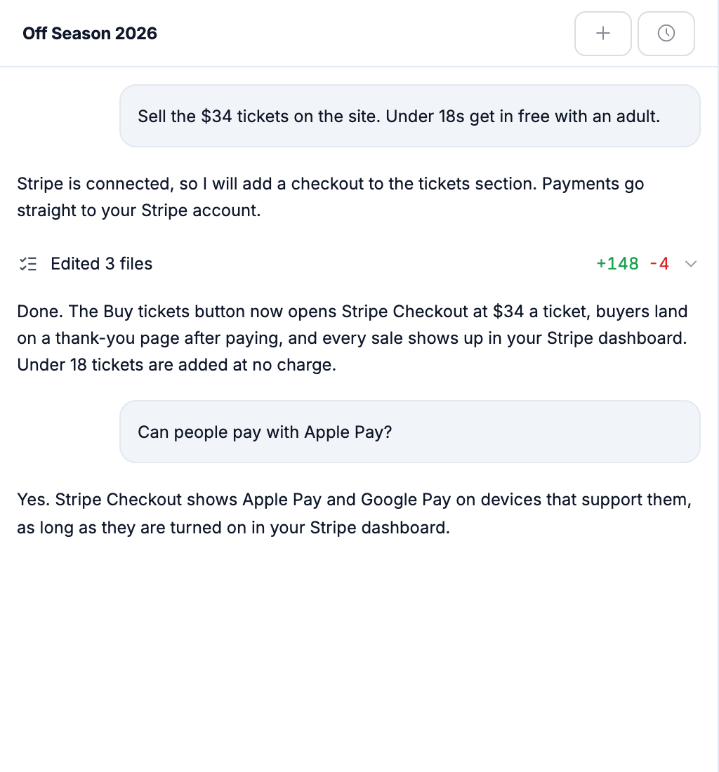 AI chat adding a Stripe checkout for festival tickets